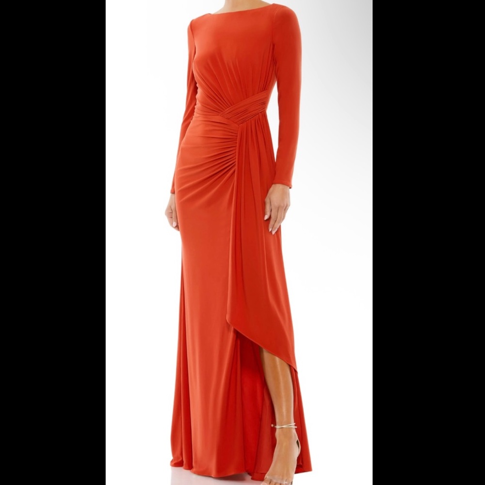 Mac Duggal brick red Asymmetrical Ruched Gown